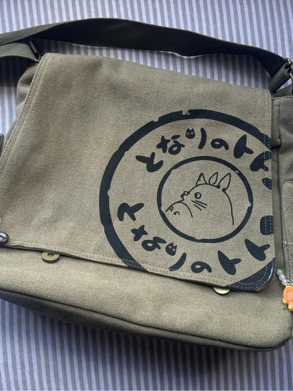 Olive Green Canvas Messenger Bag with Totoro Print